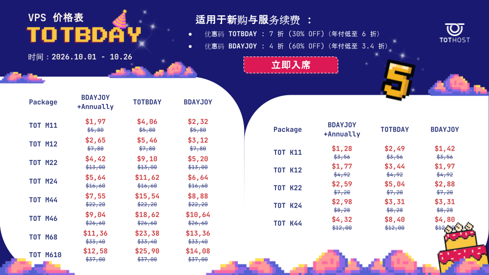 TotHost五周年庆越南VPS低至4折,可选双ISP原生IP/不限流量 支持Windows系统 - 主机之家